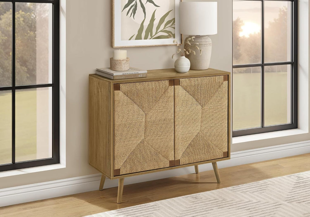 I 2729 Accent Chest, 36" Wide, 2 Door Cabinet, Storage, Decorative, Light Walnut Laminate, Seagrass-Look, Mid Century