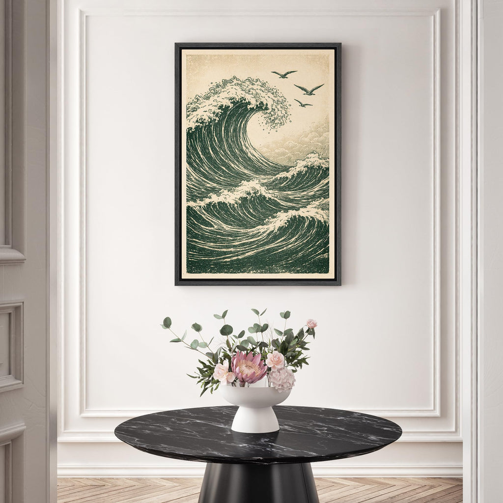 Framed Vintage Ocean Wave with Seagulls Coastal Nature Wilderness Modern Art Decorative - 24"x36" BLACK