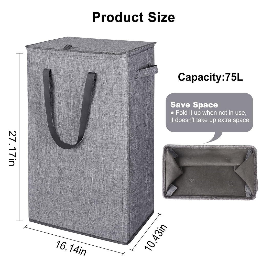 75L Slim Laundry Hamper with Lid,Large Foldable Laundry Basket with Removable Bag and Handles Tall Collapsible Dirty