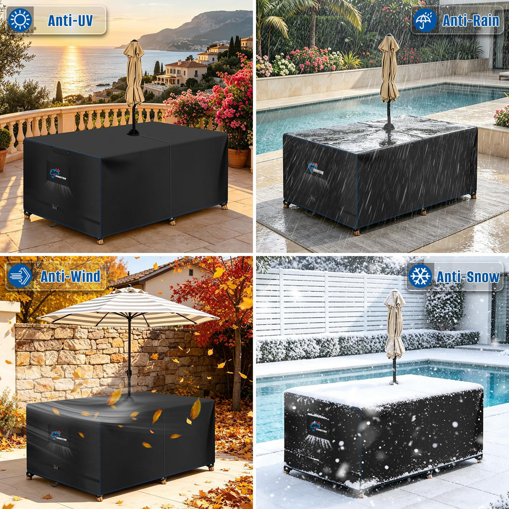 108" Rectangular Patio Dining Table Cover with Umbrella Hole 600D