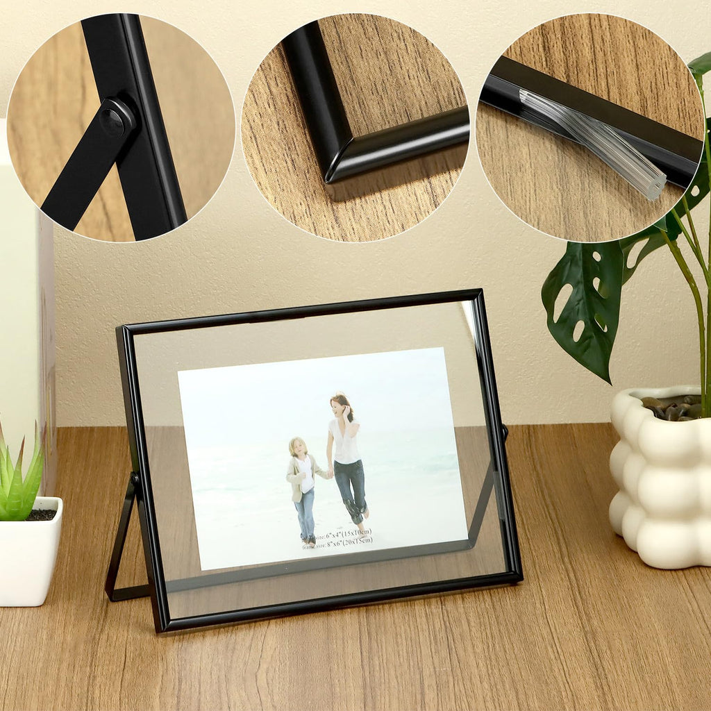 6x8 Inch Black Floating Picture Frame Horizontal, Fits 5x7 4x6 3x5 Photos, Glass Double Panel Metal Frame for