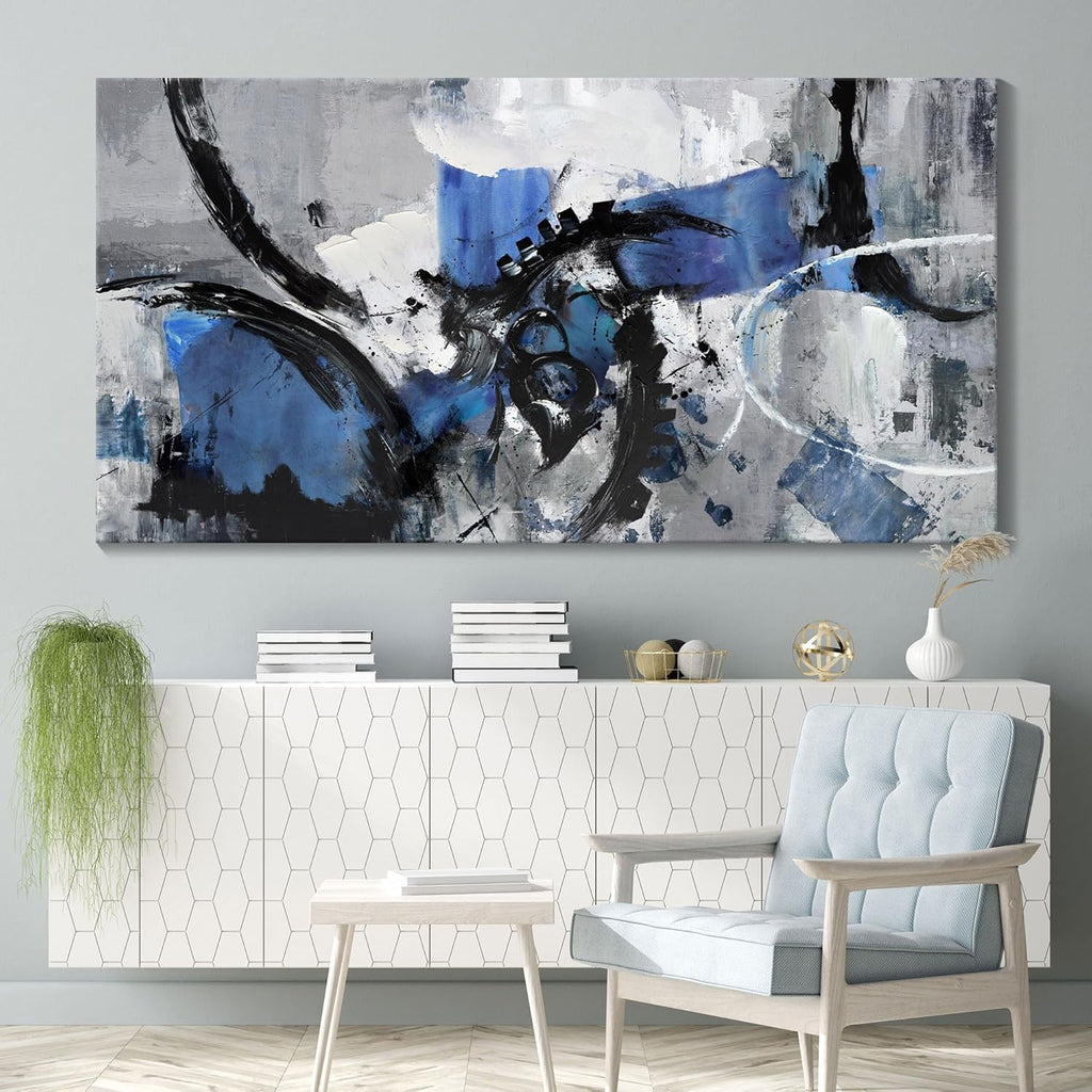Abstract Canvas Wall Art: Large Wall Art Paintings, Modern, Framed Artwork in Blue and Black -Bedroom, and Office