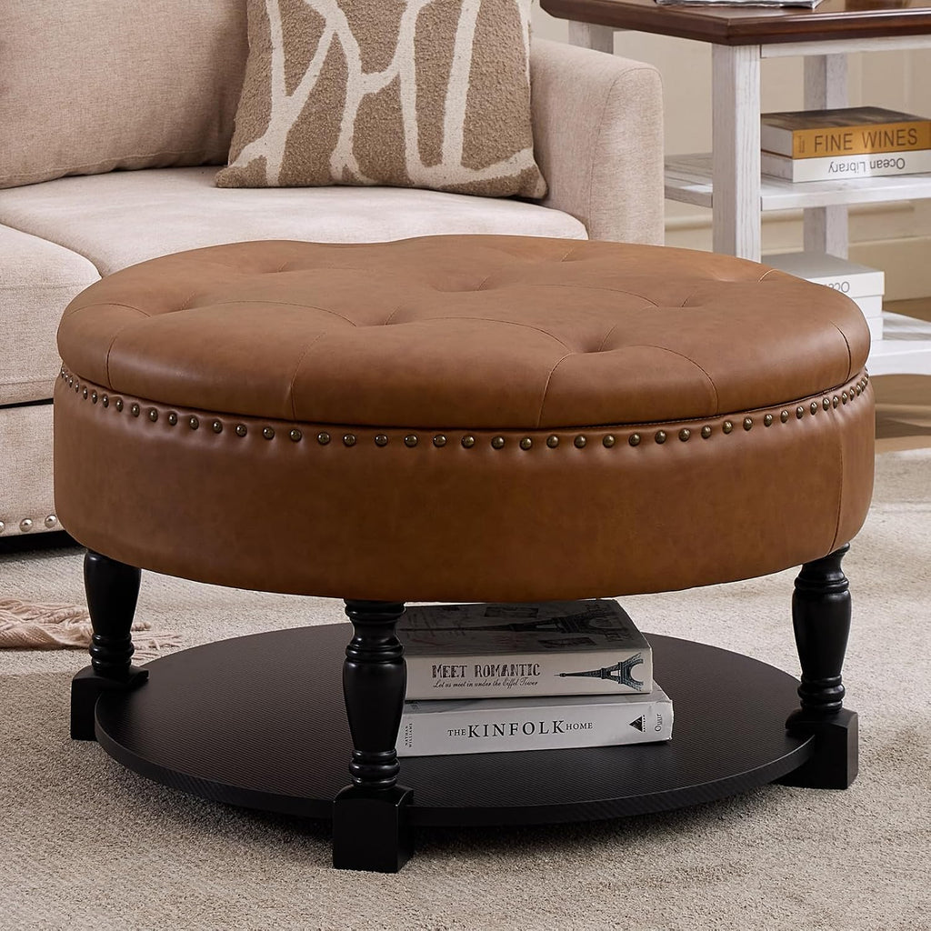 31.5 Inch Round Storage Ottoman Coffee Table with Shelf, PU Brown | Round faux leather storage ottoman coffee table