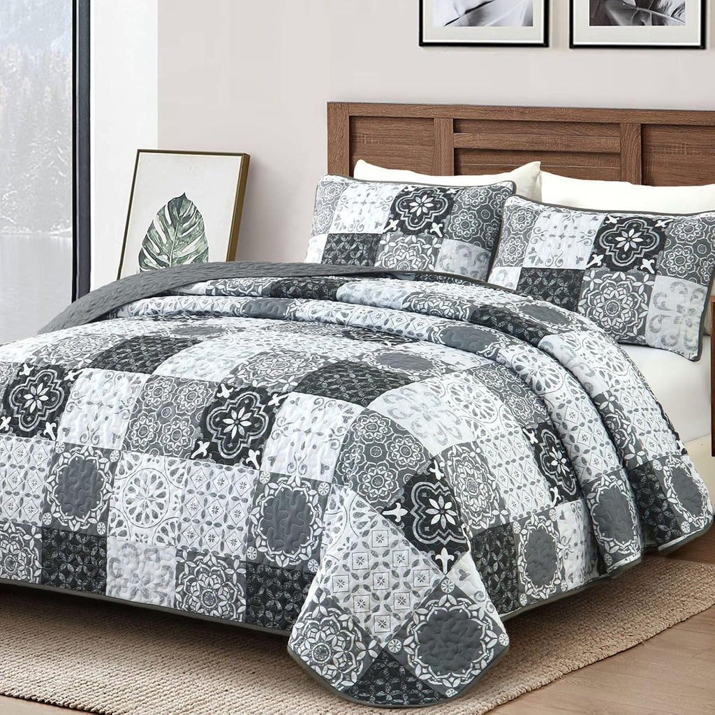 Grey Black Quilt Set Queen, Boho Plaid Patchwork Bedspreads Coverlet Set, 3 Pieces Soft Lightweight Microfiber