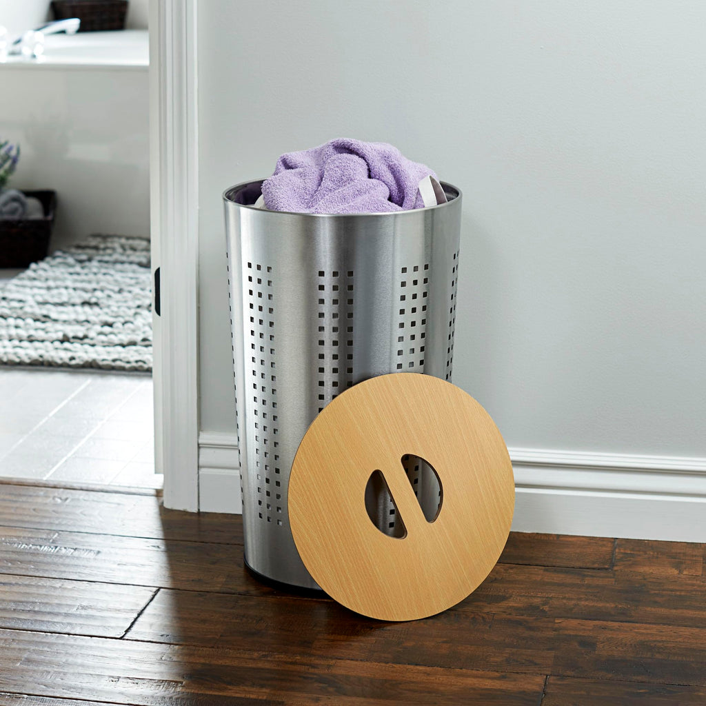 Round Metal Laundry Hamper with Engineered Wooden Lid, Removable Liner, and Ventilated Siding, Brushed Stainless