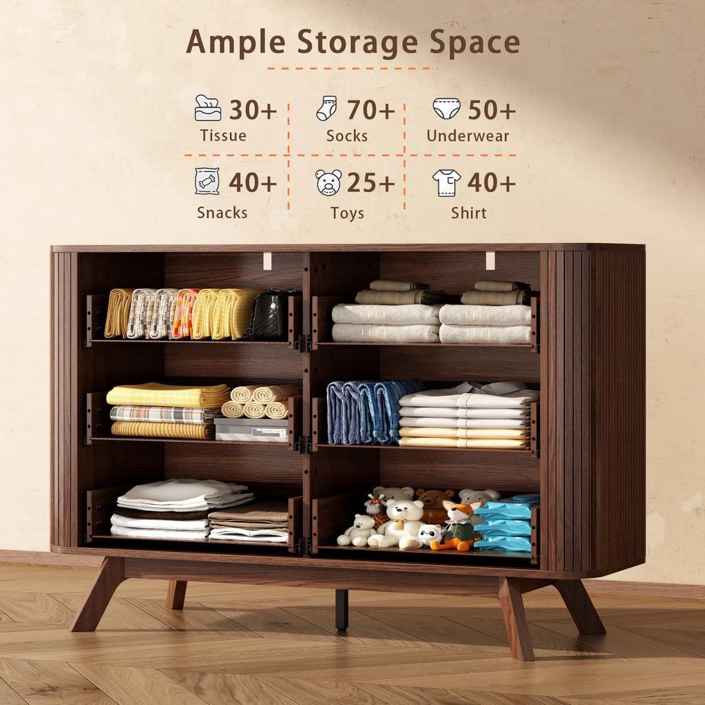 Fluted 6 Drawer Dresser, 47W x 31H, Modern Walnut Brown