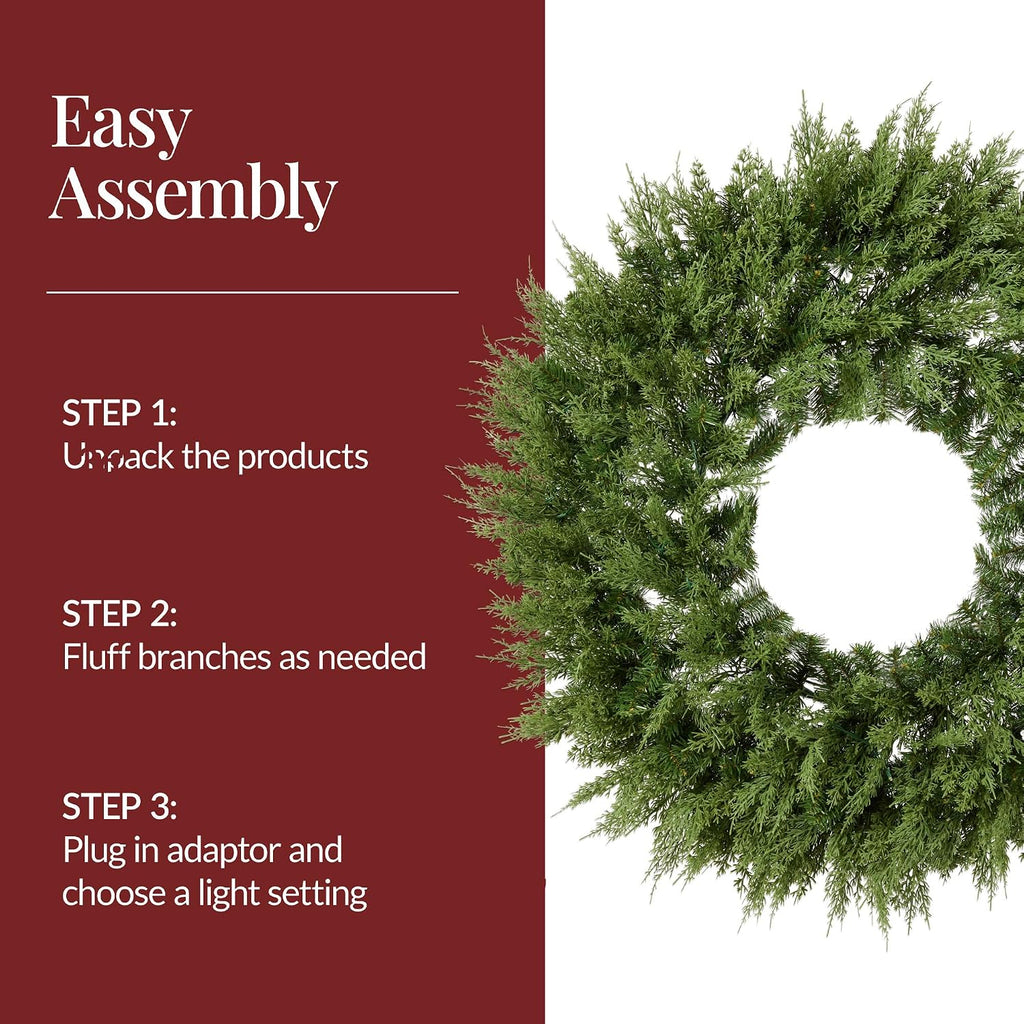 Pre-Lit Cedar Cypress Christmas Wreath w/Twinkling LEDs, 30in Realistic Large Indoor/Outdoor Holiday Decor for Door