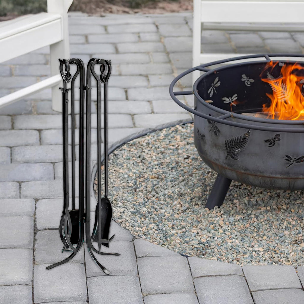 5 Piece Hand Forged Iron Compact Fireplace Tool Set 27.5" | Black Wrought Iron Handle for Outdoor Indoor | Stand