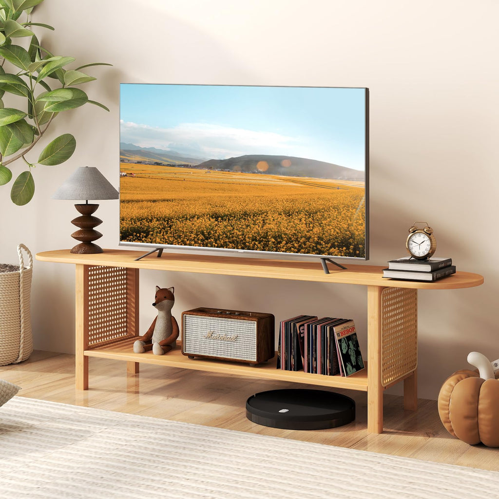 Bamboo TV Stand with Storage for TVs up to 65", Modern Entertainment Center with Rattan Side, Accent TV Table with 2