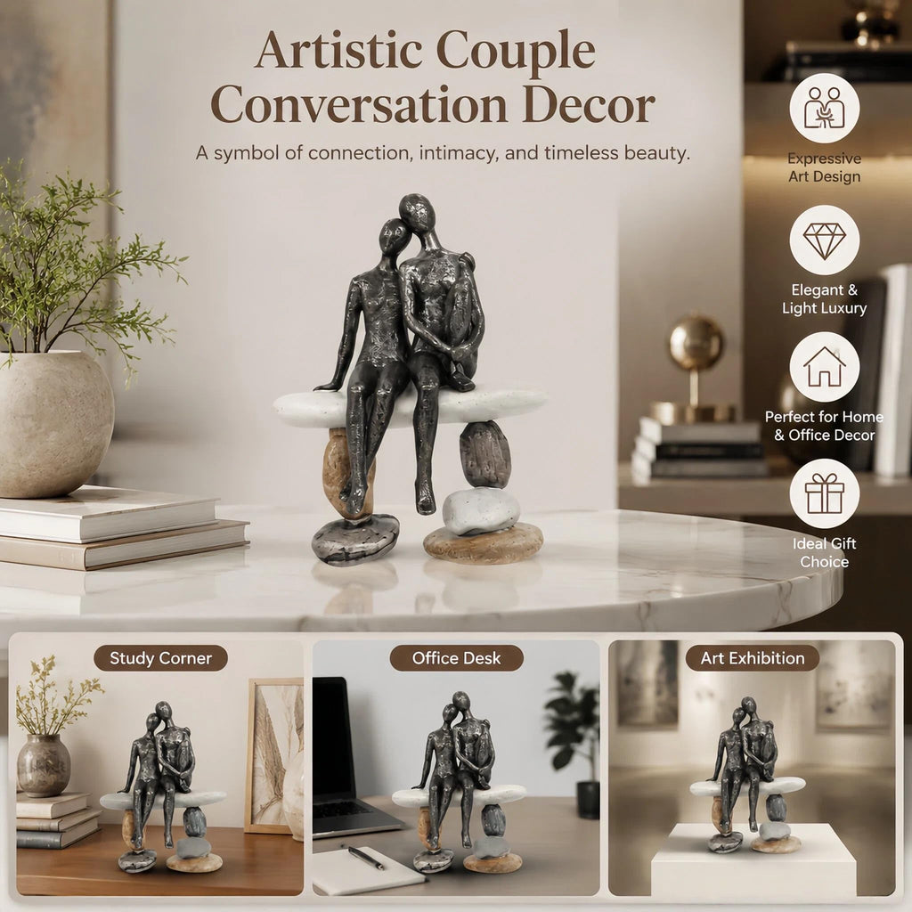 Romantic Couple Figurines Sculpture - Abstract Couple Sculpture on Stone Bench, Modern Home Decor Statue, Unique for
