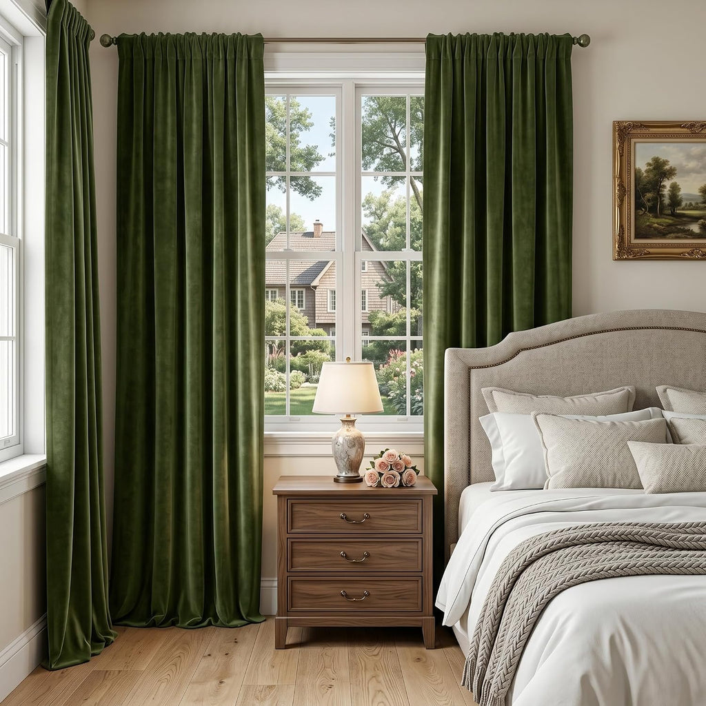 Olive Green Velvet Curtains for Bedroom Window, Super Soft Vintage Luxury Heavy Drapes, Room Darkening Rod Pocket