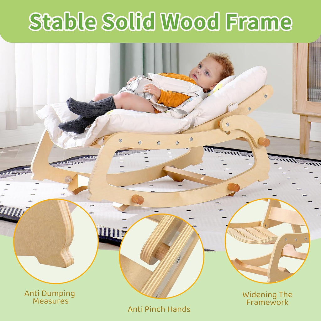 In-1 Baby Rocker Chair with Double Cushions, for 0-12 Months, Adjustable Wooden Infant Rocker with Removable