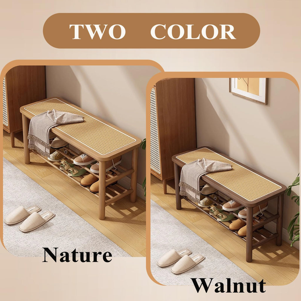 Bamboo Shoe Rack Bench with Rattan Seat, 3-Tier Shoe Storage Bench, Entryway Bench, Nature-39.4 inches