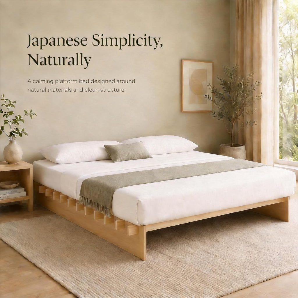 King Size Wood Platform Bed Frame, Japanese Tool-Free Joinery