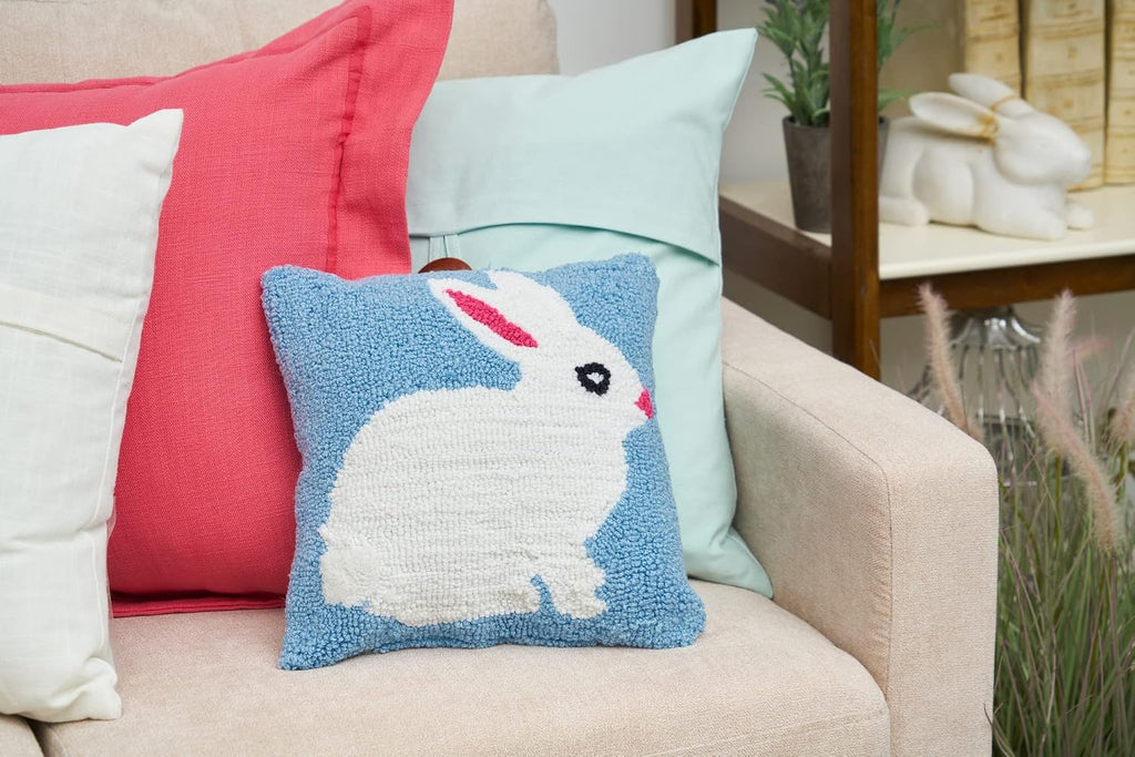 Easter Bunny Hooked Blue Mini Accent Pillow 12" x 12"