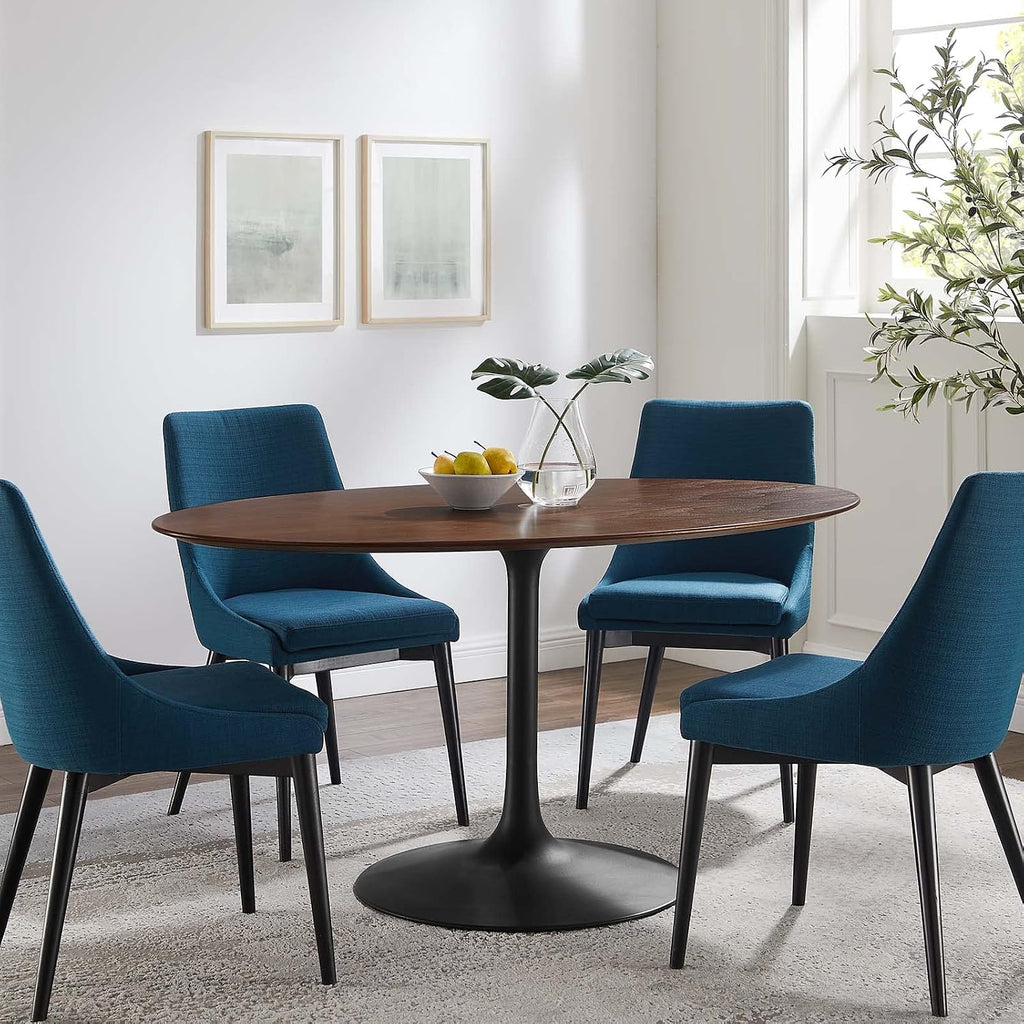 Inspired Tulip Style Oval Pedestal Dining Table — Black Base / Walnut Top, 60″ Oval