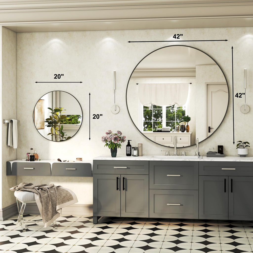 42 Inch Round Bathroom Mirror - Black Wall Mounted Circle Mirror with Metal Frame, Modern Round Hanging Mirror
