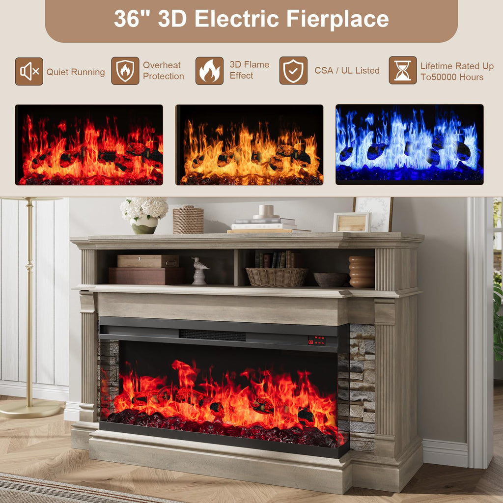 Fireplace TV Stand for TVs up to 65", Farmhouse 52" Fireplace Entertainment Center with 36" 3-Side Glass Electric