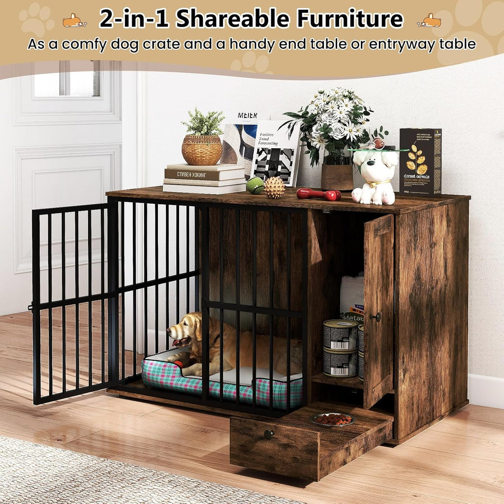 47.5" Heavy Duty Dog Crate Furniture with Bowl & Storage Cabinet
