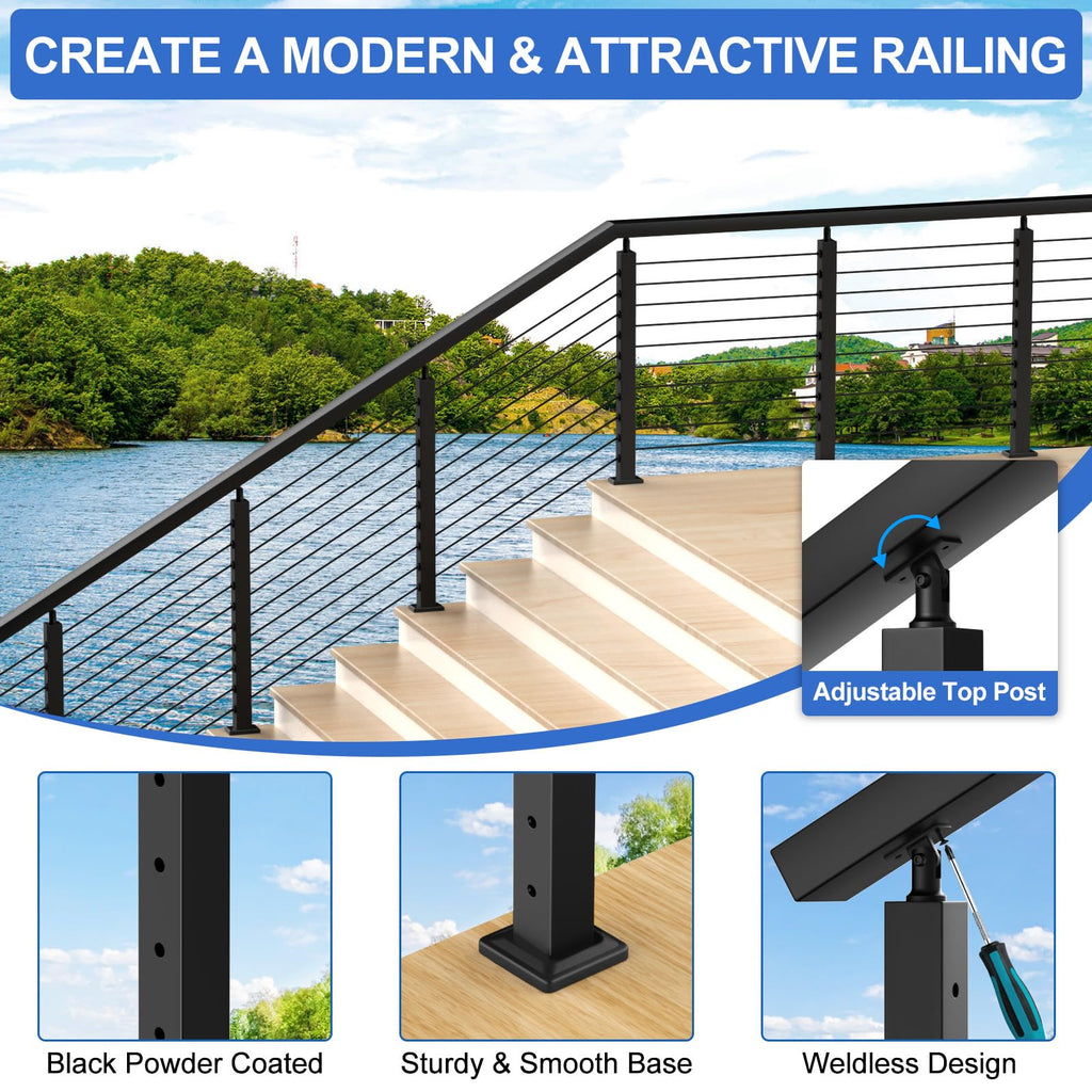36" Black Cable Railing Post(35"x2"x2") for 25-35 Degrees Stair, Stainless Steel Adjustable Stair Post