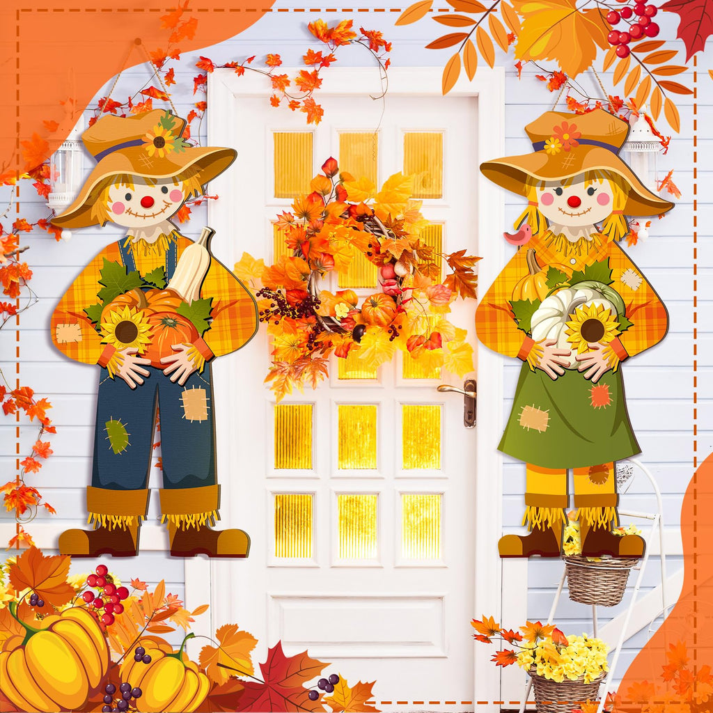 2 Pcs Thanksgiving Scarecrow Door Decor, Fall Welcome Hanging Sign