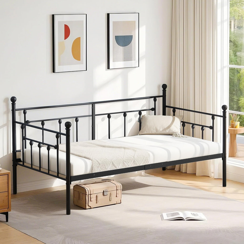 Daybed Frame, Twin Size Metal Platform Bed with Headboard, Heavy Duty Steel Slats Support Bedroom Guest Room, Easy