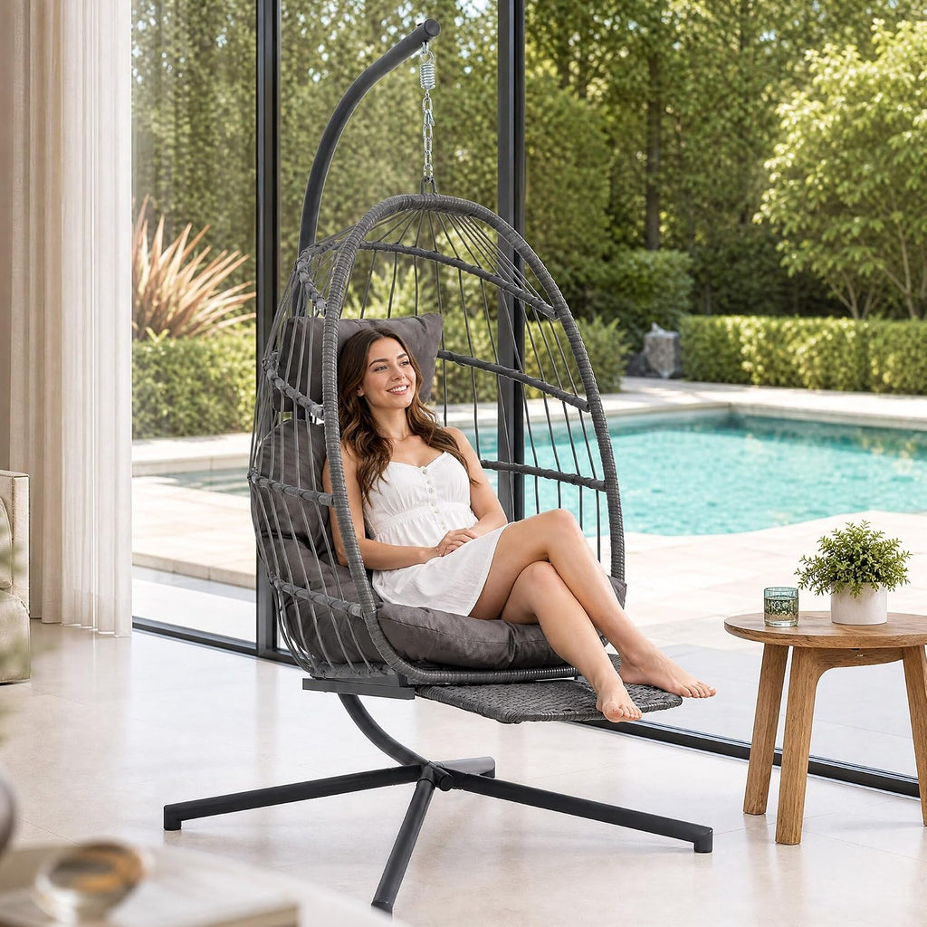 Hanging Egg Chair with Stand & Footrest | Hammock Egg Chairs with Footrest and UV Resistant Cushion for Indoor