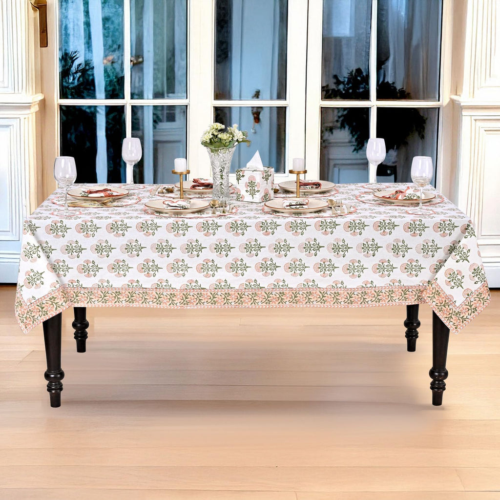 Mughal Buta Peach Hand Block Print Rectangle Tablecloth 108x70 Inch