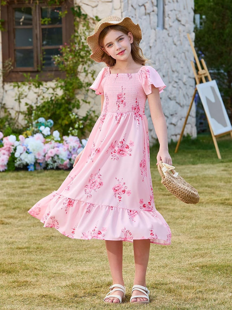 Girls Summer Dress Kids Square Neck Ruffle Sleeve Smocked Midi Dresses with Pockets