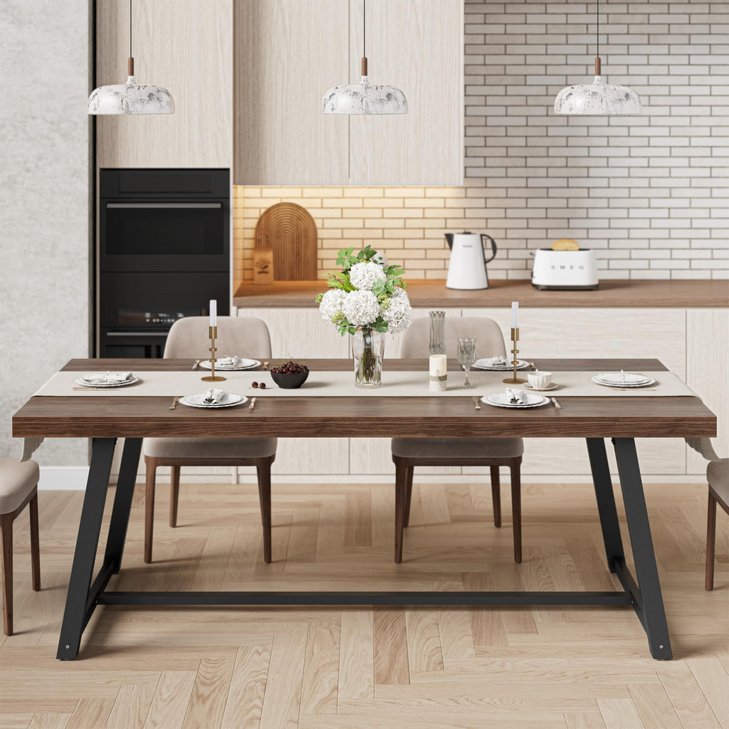 71" Dining Table for 6-8 People, Industrial Kitchen Table with Sturdy Metal Frame, Rectangular Brown Wood Dinner Table