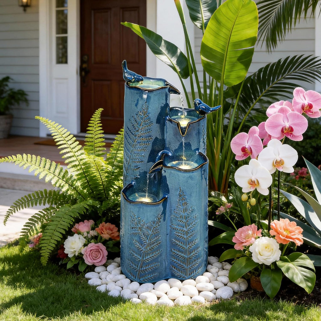 AUTODAYA 32" H Ceramic Outdoor Water Fountain, 4-Tier Tropical Cascading Waterfall with LED