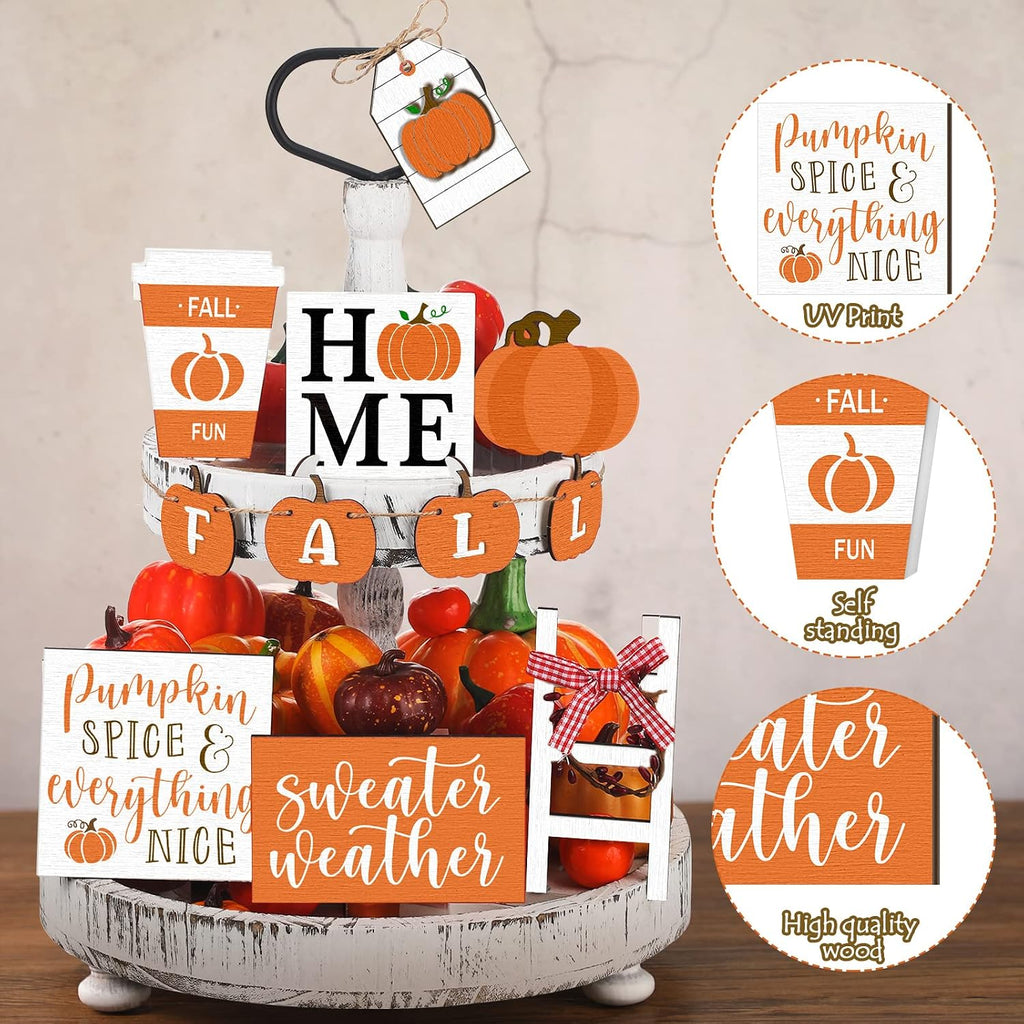 Two Tiered Tray with Wooden Signs Decor, Autumn Style - Set of 11
