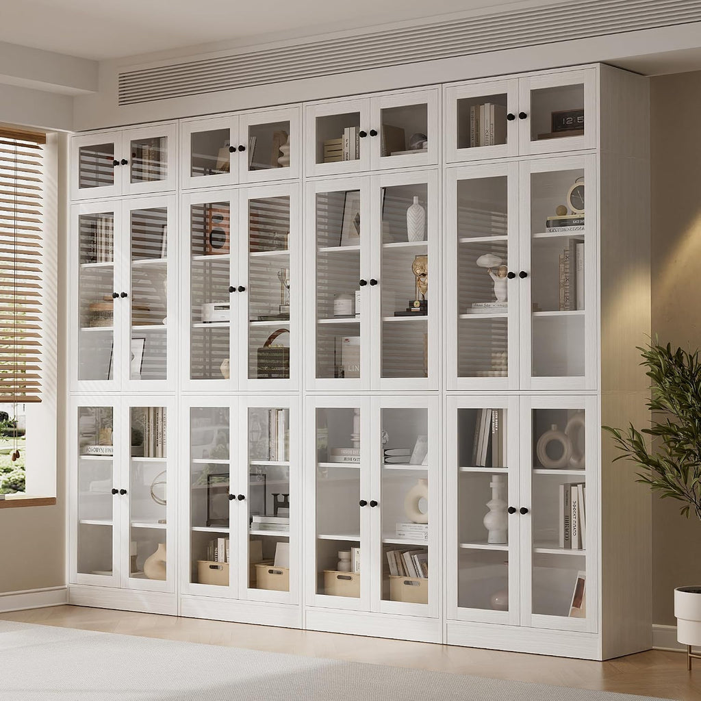 85.5" Modern Bookcase with Glass Doors Set of 4, 7-Tier Tall Wooden Bookshelf with Storage , Large Curio Cabinet