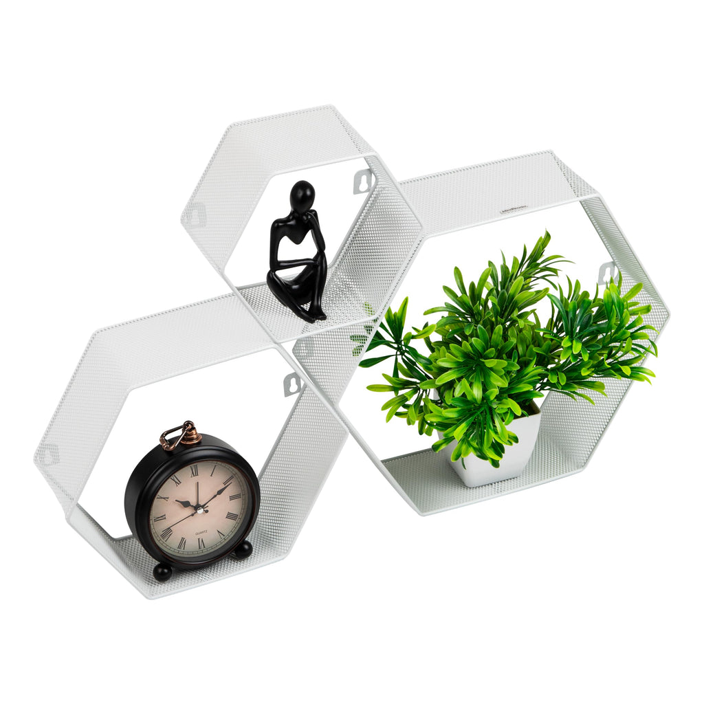 Hexagon Floating Shelves, Wall Decor, Honeycomb Accent Shelf, Office, Metal Mesh, 14" L x 4" W x 12" H, Set of 3