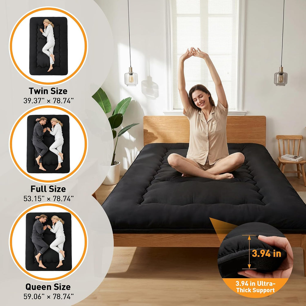 Japanese Floor Mattress, 4" Thick Futon Mattress, Black