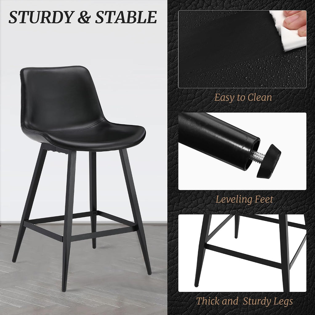 24 inch Counter Stool, Modern Bucket Barstool Set of 3, Barstools with Back and Footrest, Faux Leather Bar Stools