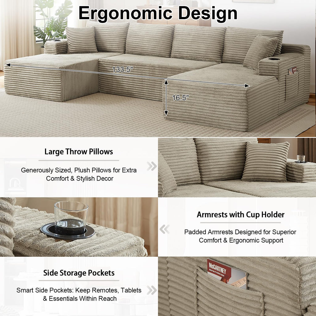 134 Inch Modular Sectional Sofa, Cloud Boneless Couch
