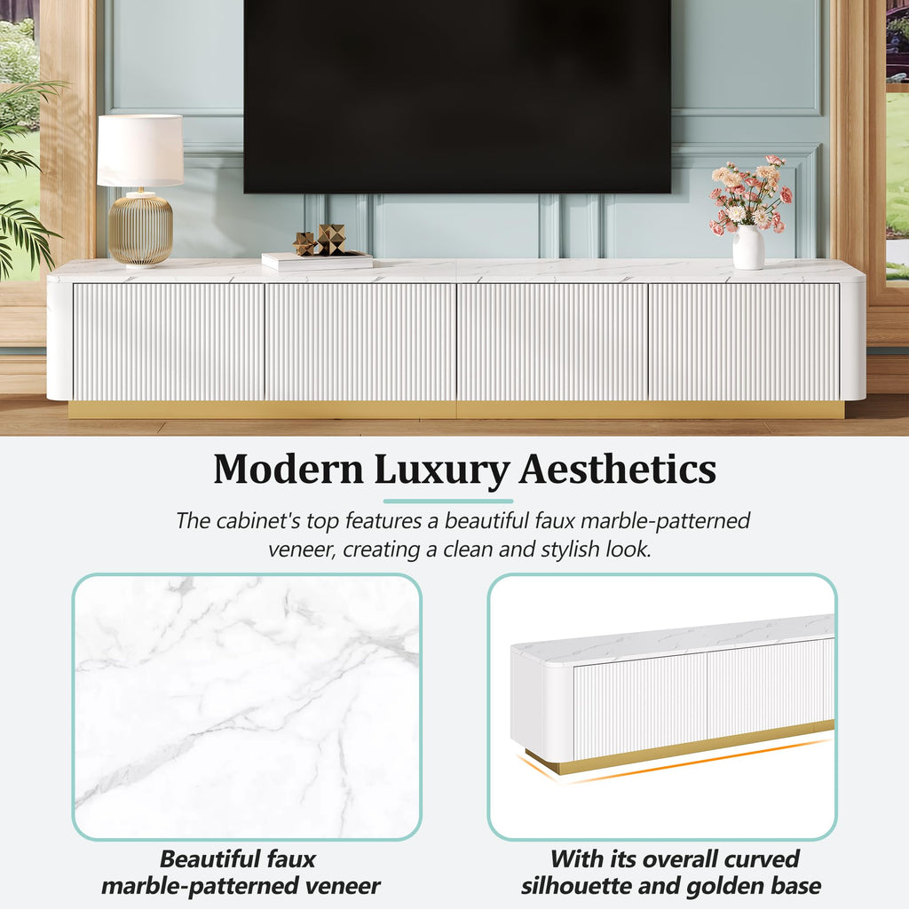 Fluted TV Stand with Gold Base and 4 Drawers, White