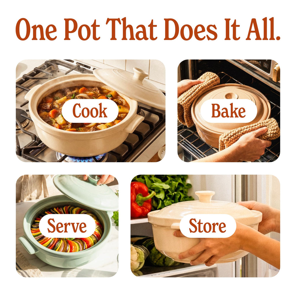5 Quart Flami Pot with Lid, Natural Clay Pot for Cooking, Non-Toxic PFAS-Free Ceramic Casserole Dish for Oven &
