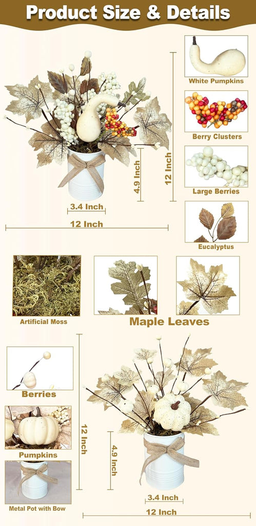 Fall Centerpieces For Tables White Maple Pumpkin Berries Decor 12" - Set of 2
