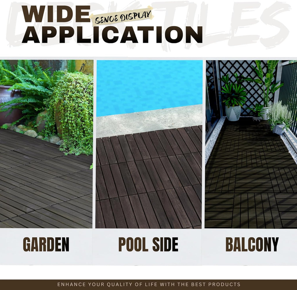 10 Pack of Interlocking Deck Tiles Striped Pattern, 12" x 12" Dark Brown Square Acacia Hardwood Outdoor Flooring for