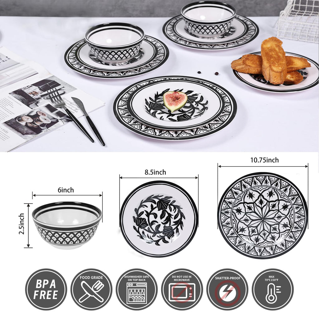 Melamine Dinnerware Sets-12pcs Melamine Plates and Bowls Set, Round