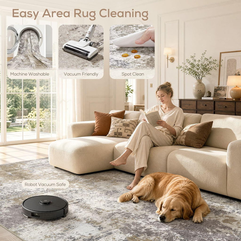 Abstract Washable Area Rugs -Brown Grey