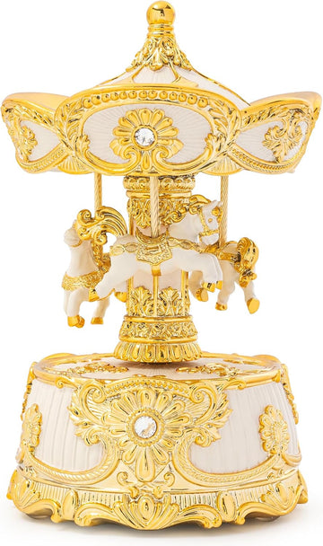 6.2" Horse Carousel Music Box, Vintage Rotating Merry Go Round with Wind Up Melody, Gold & Ivory Musical Carousel