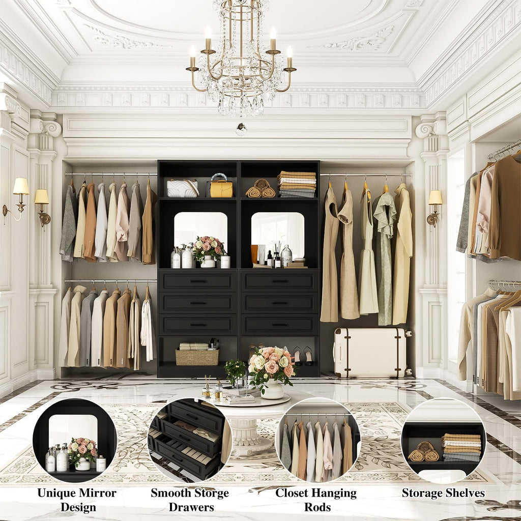 6-14FT Wood Closet System with 6 Drawers and Mirror, Black