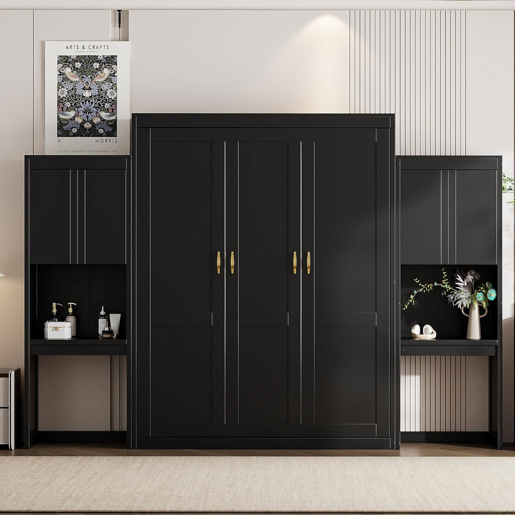 Murphy Bed Queen,Wood Storage Hide Cabinet Wall Beds with Desk and Vanity,Space-Saving Bedroom Furniture w/Cabinets &