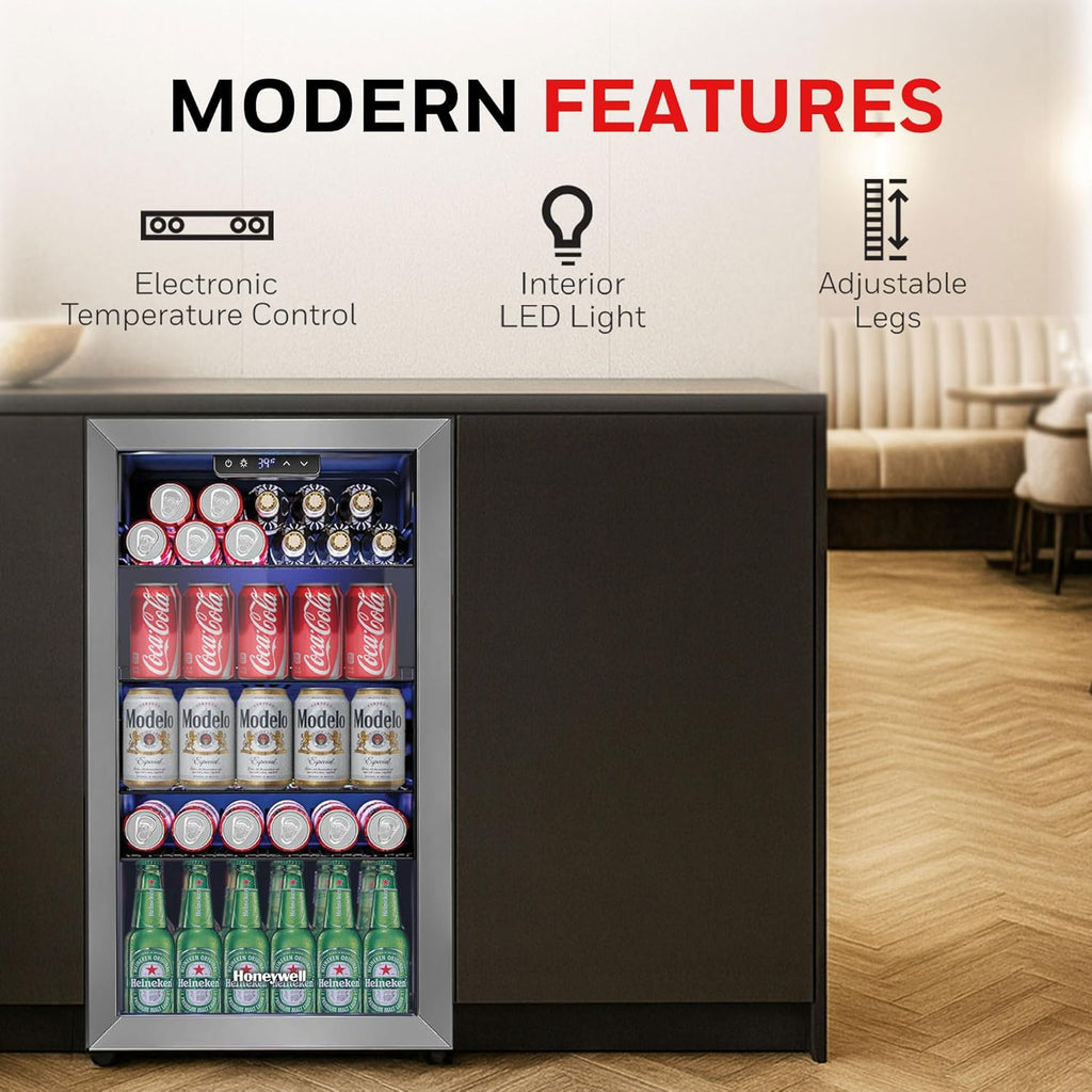 Beverage Refrigerator and Cooler, 116 Can Mini Fridge with Glass Door for Soda B