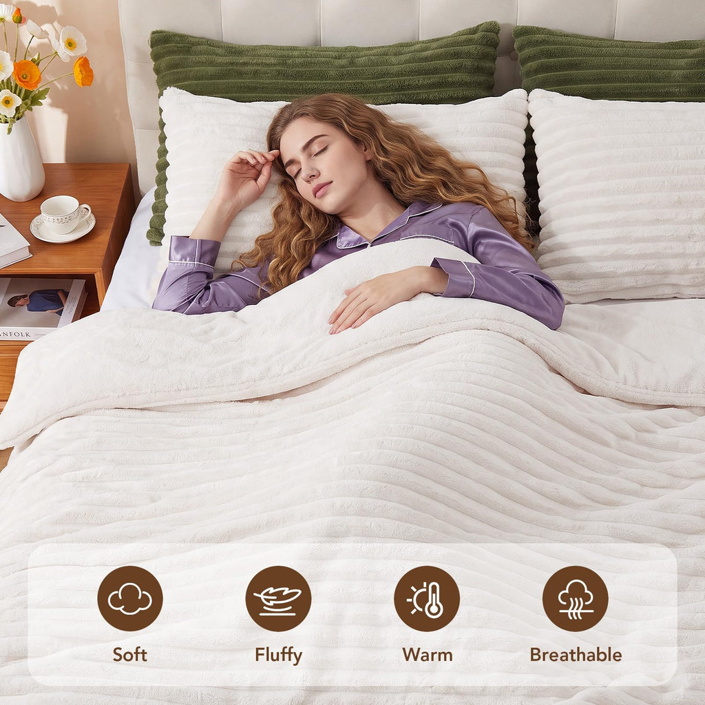 Fluffy Comforter Set 3 Pieces - Fleece Fluffy Soft & Warm Plush Cream White Comforter Sets, Luxury