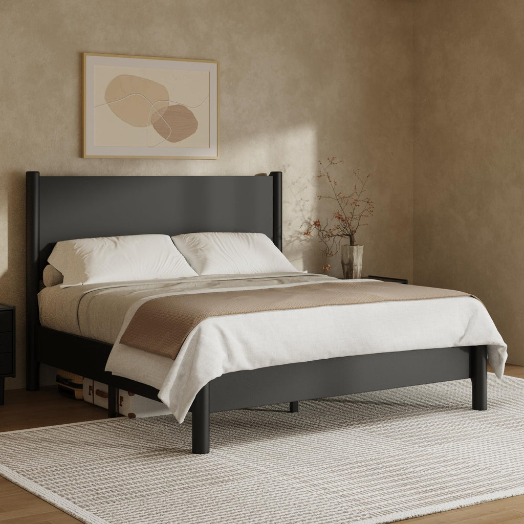 King Size Platform Bed Frame with Wood Headboard, Black