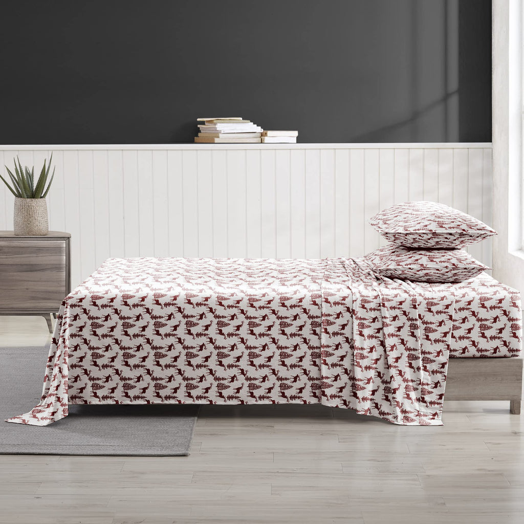 Flannel Sheet Set Cotton Soft Warm & Cozy Modern Chic with Elastic Deep Pockets, King, Deers Red
